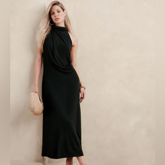 NWT! Banana Republic Black Draped Jersey Maxi Dress - Size Large Tall 🦋 - Picture 1 of 6